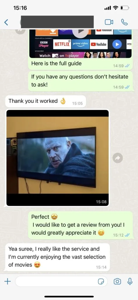 WhatsApp customer support chat screenshot 1 on NaxoTV